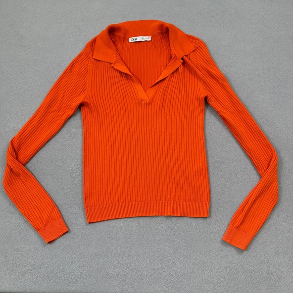 Zara Sweaters - Zara Womens Knit Top S Orange Ribbed Long Sleeve Collared Pullover Sweater Cute